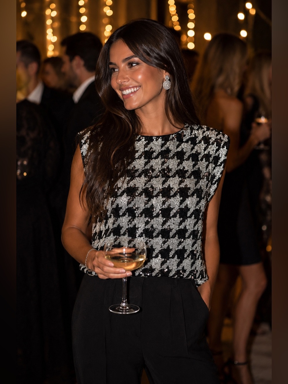 Express Sequin Houndstooth Top S Black White Cropped Party Holiday NWT $88